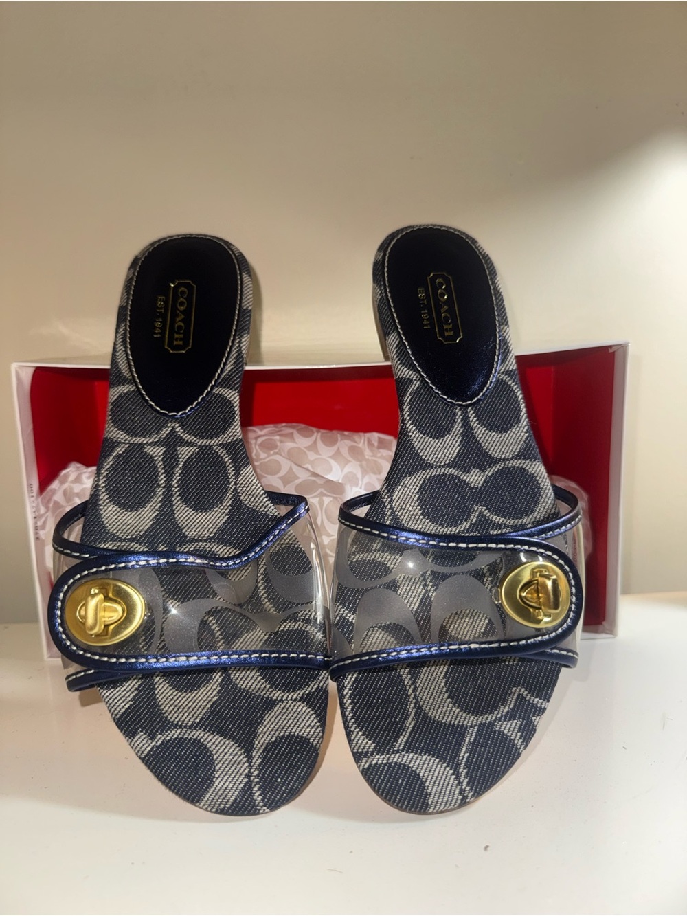 Coach Navy Signature Monogram Slide Sandals with Gold-Tone Turnlock
